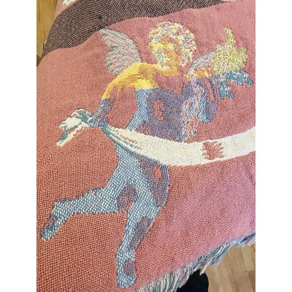 Thick Woven Blanket Tapestry Pink Flowers Floral Angel Cherub Cupid Fringe Cotto - Picture 9 of 16